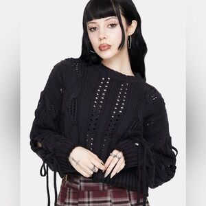 New Disturbia Sycamore Cotton Lace Up Sleeve Cable Knit Crop Sweater - Navy - XL